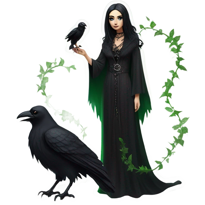 the morrigan goth woman version vines style furr robe stylish boots, perfect eyes, raven on hand, green vines decor on ground emoji