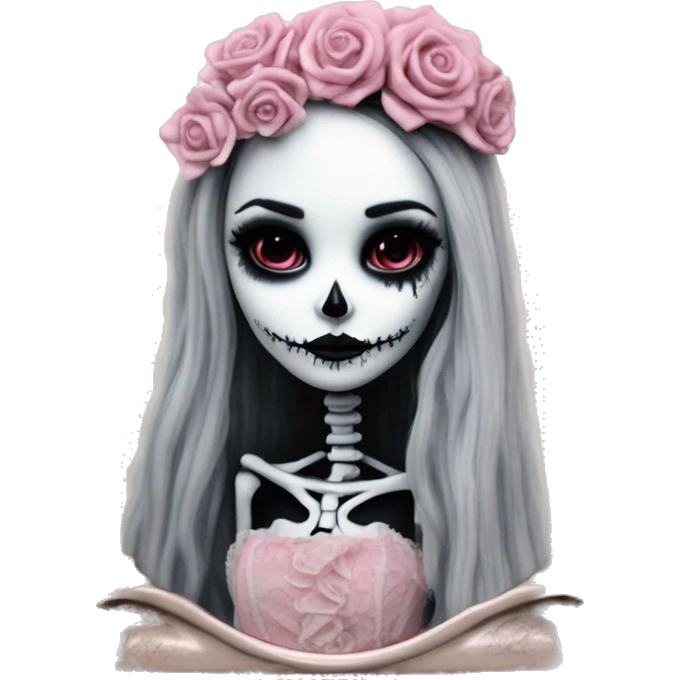 PINK LANDSCAPE PICTURE WITH FRAME: full body, hyper realism, full height skeleton, tim burton "corpse bride", thin porcelain doll with a cracked face, goth makeup, long hair, lace and ruffles, lolita style, inked, black and white, red roses emoji