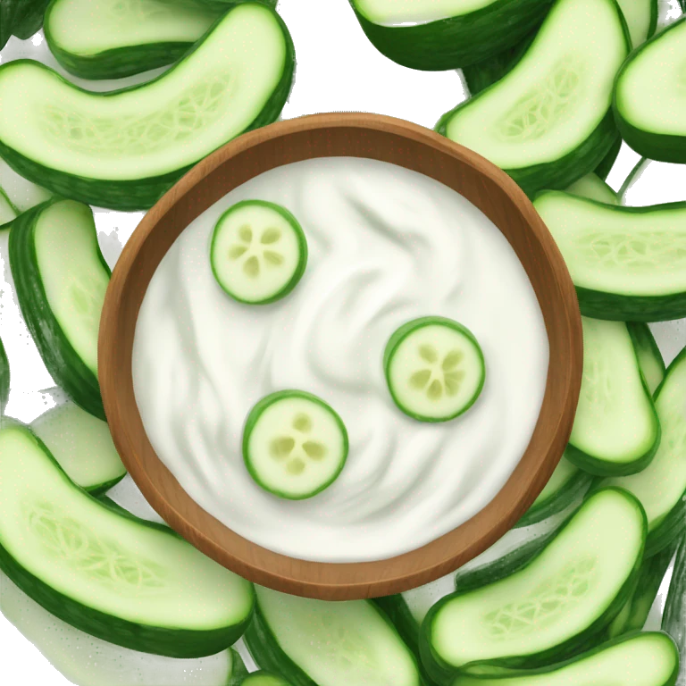 wood bowl of cucumbers and yogurt from top angle emoji