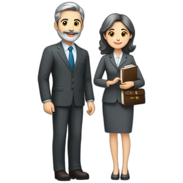 husband classy caucasian 55 dark gray hair trimmed beard wearing business suit and holding bible, with wife asian age 55 dark hair nurse uniform, no children emoji