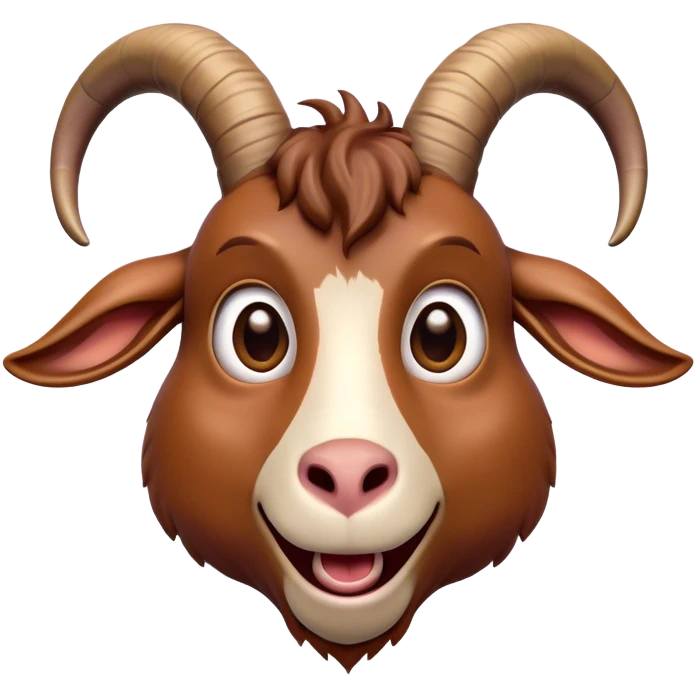 Cinematic Comical Brown Goat Portrait Emoji, Head tilted dramatically with an exaggeratedly amused expression, featuring a sleek brown fur with distinct, quirky curved horns, wide, expressive eyes filled with playful disbelief, Simplified yet hilariously expressive features, highly detailed, glowing with a slightly sassy glow, high shine, dramatic yet playful, stylized with an air of cheeky mischief, bright and endearing, soft glowing outline, capturing the essence of a spirited and over-the-top goat, so meme-worthy it feels like it could side-eye its way into internet fame instantly! emoji