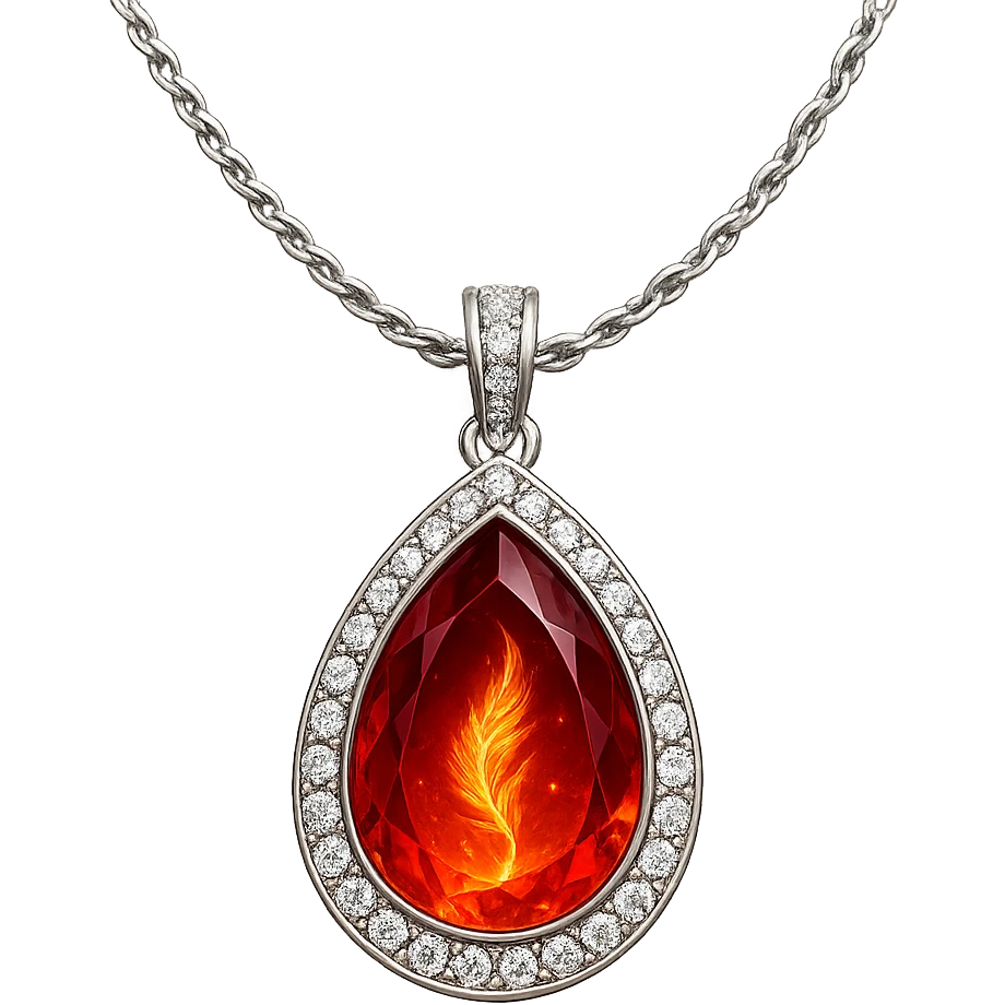 A teardrop ruby pendant with fiery light, a tiny phoenix feather emerging, haloed by shimmering white stones, and a silver chain like liquid moonlight emoji