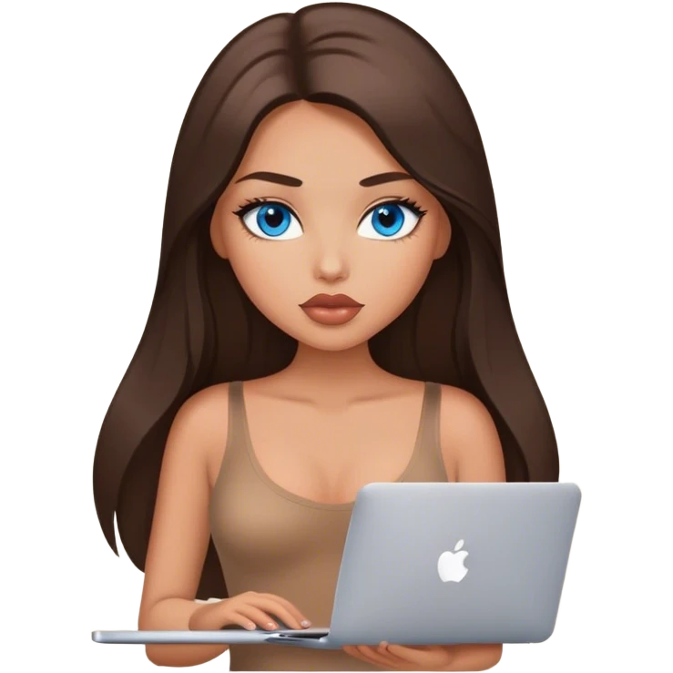 Glamours tanned very beautiful girl with big pump peach lips and dark chocolate straight smooth silky long hair, blue eyes in brown/beige bodysuit with MacBook emoji