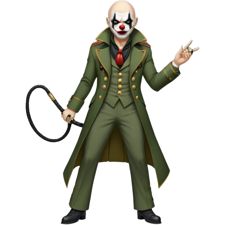 evil clown, bald, black horns on forehead, fangs, pointed ears, eye patch over one eye, long coat over black and military green leisure suit with bellbottom pants, tail, holding a different style of whip, realistically proportioned, less bulky, full body, battle-ready, fighting posture emoji