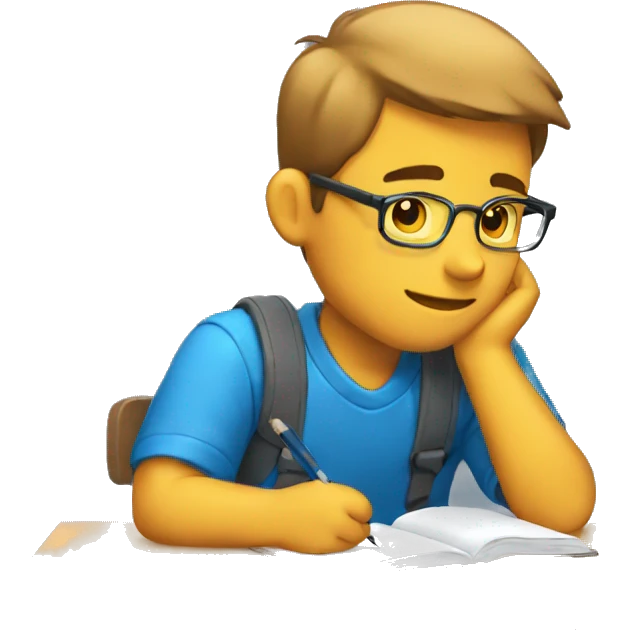 male sitting and studing with blue shirt. Side view. emoji