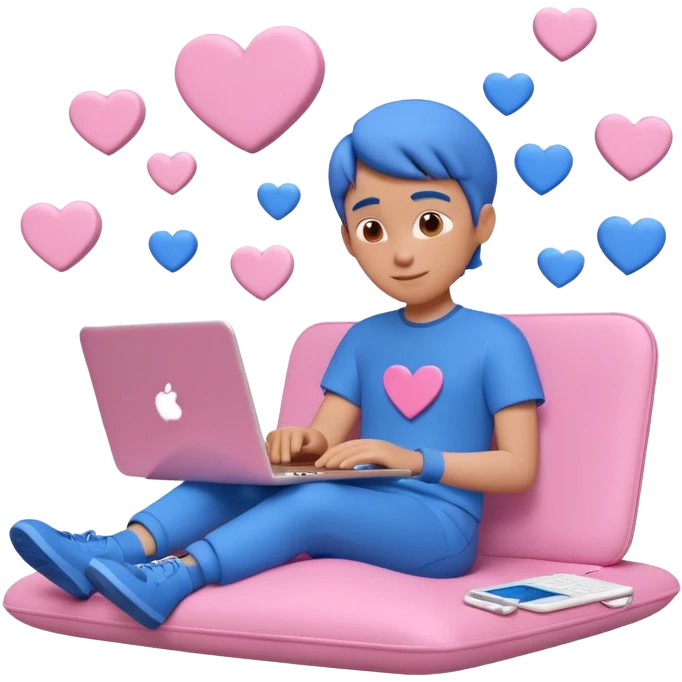 3D clay character relaxed with laptop and coffee, floating icons (envelope, heart, dollar), electric blue (#4A90D9) outfit, pink (#FF6B9D) floating icons, white laptop, Pixar style, transparent background emoji