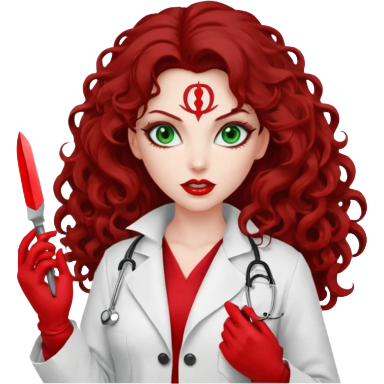 Lilith symbol sexy evil woman. She has green eyes.  had brown long curly hair.  evil surgeon kills with scalpel wears red sexy doctor coat with red mouth cover red gloves emoji