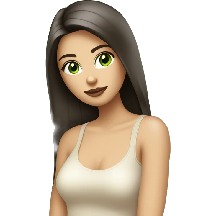 beautiful girl with long straight shiny dark brown hair, big green eyes and big pale pink lips. Wearing a cream tank top emoji