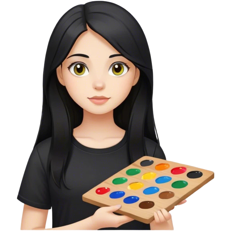 A girl with long black hair and hazel eyes holding a paint palette wearing black shirt  emoji