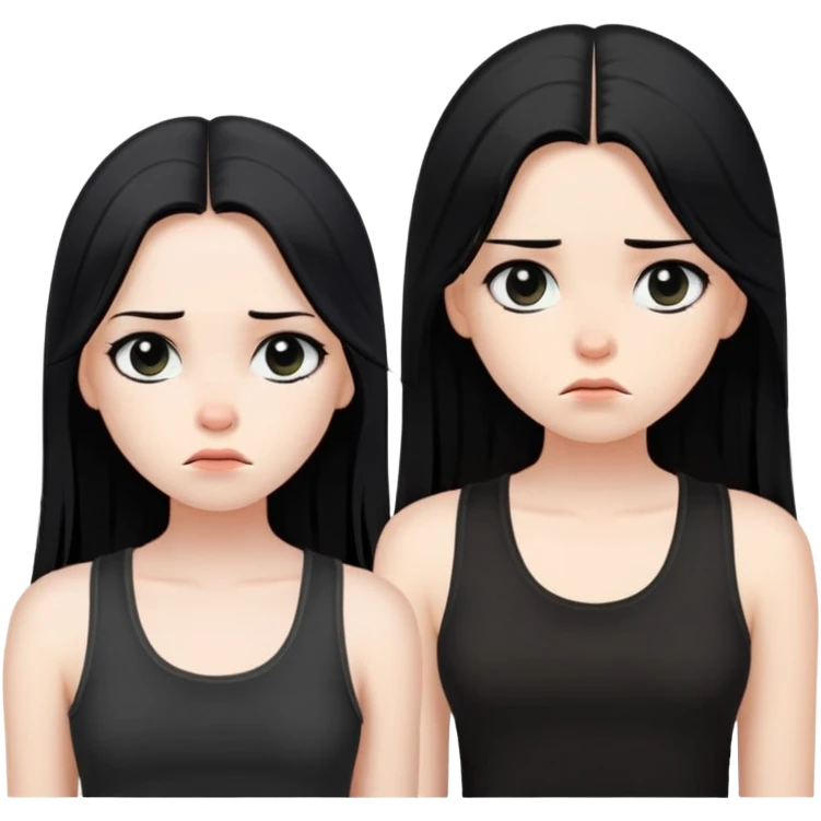 girl with long straight black hair, pale skin, dark eyes, black tank top, bored expression emoji