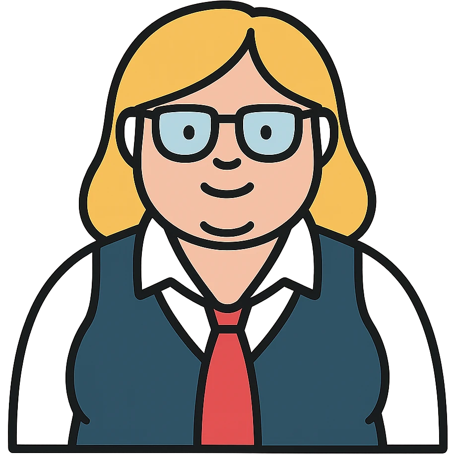 Plus size blonde woman with glasses wearing a vest, professional look emoji