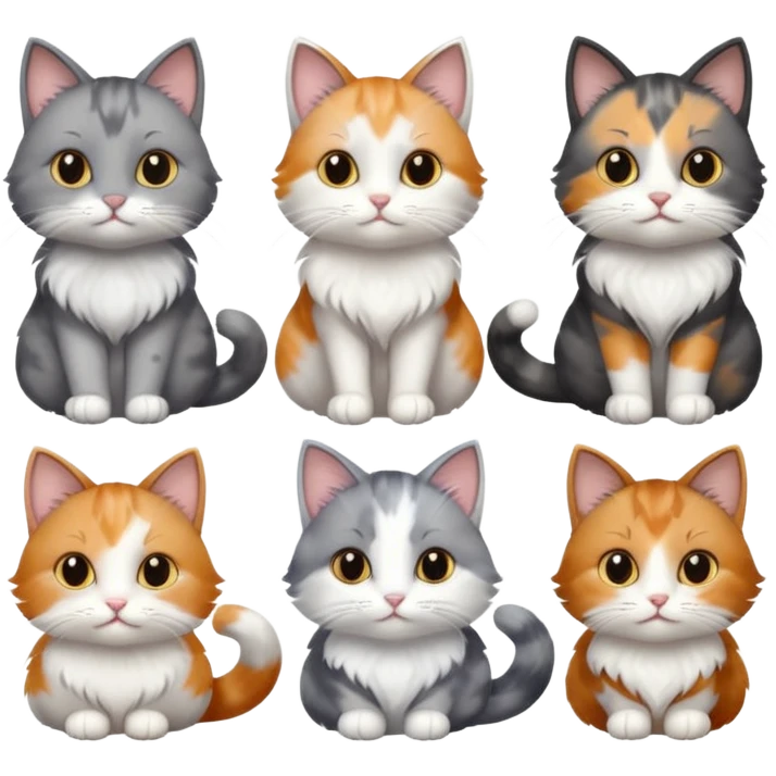 6 realistic looking cats with different natural coloured coats, assorted grey and white, greys, calico, brown and white colours etc
 emoji