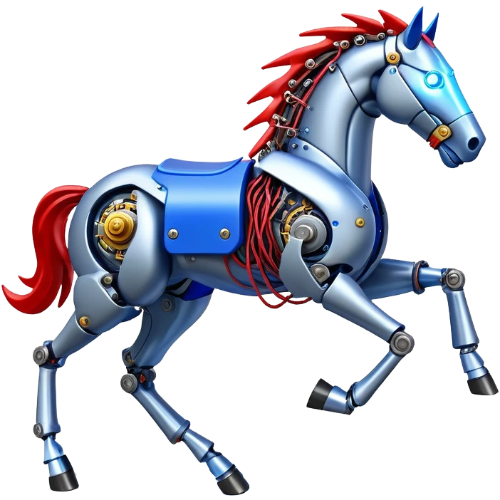 fast electric horse made of electricity, metal plates, bolts, visible blue and red wires, lightning coursing through its body, mechanical hooves emoji