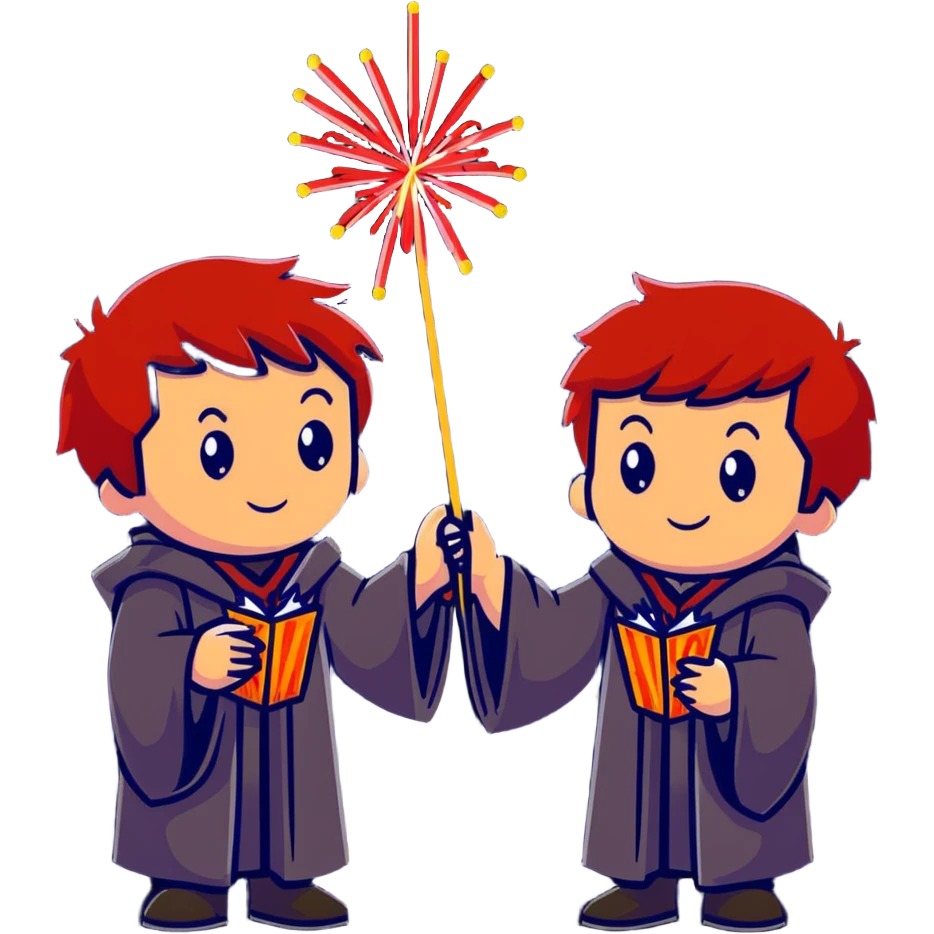 Fred and George Weasley with matching red hair and Gryffindor wizard robes, holding fireworks emoji