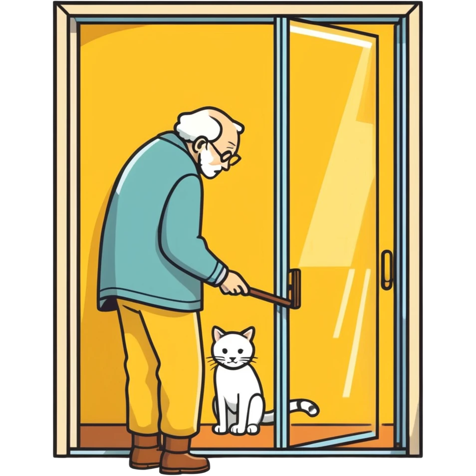  old blind man  looking through glass door at ￼his golden cat  emoji