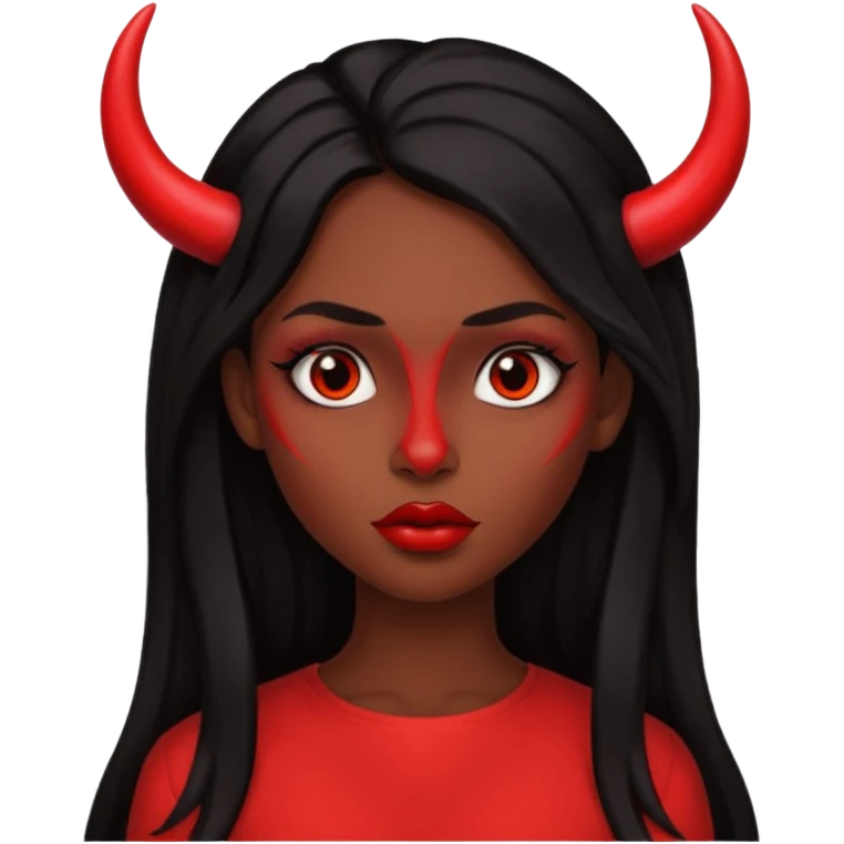 A skin red girl's face with cheekbones, long black hair, small red horns, big lips emoji