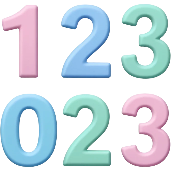 Numbers 1, 2, 3 in pastel colors (pink, blue, green), Pixar-style 3D, hand-drawn texture, soft shadow, transparent background emoji
