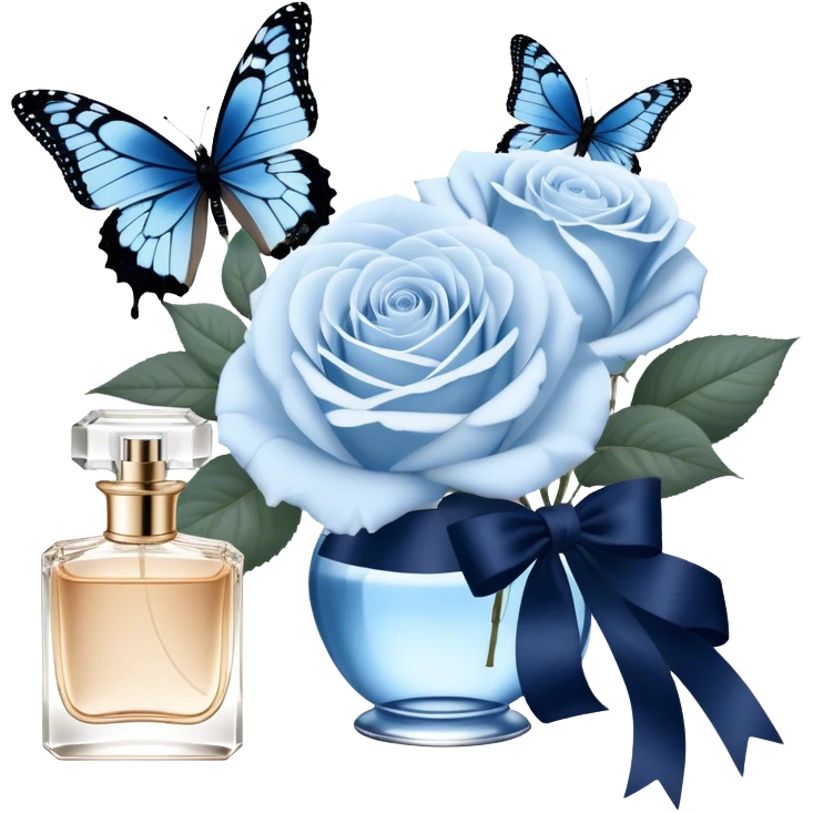 A bouquet of pale blue Ascott tea roses next to a navy aesthetic and a blue beautiful butterfly and a navy silk ribbon and a beautiful flacon of aesthetically pleasing vintage-style perfume in pearl color emoji