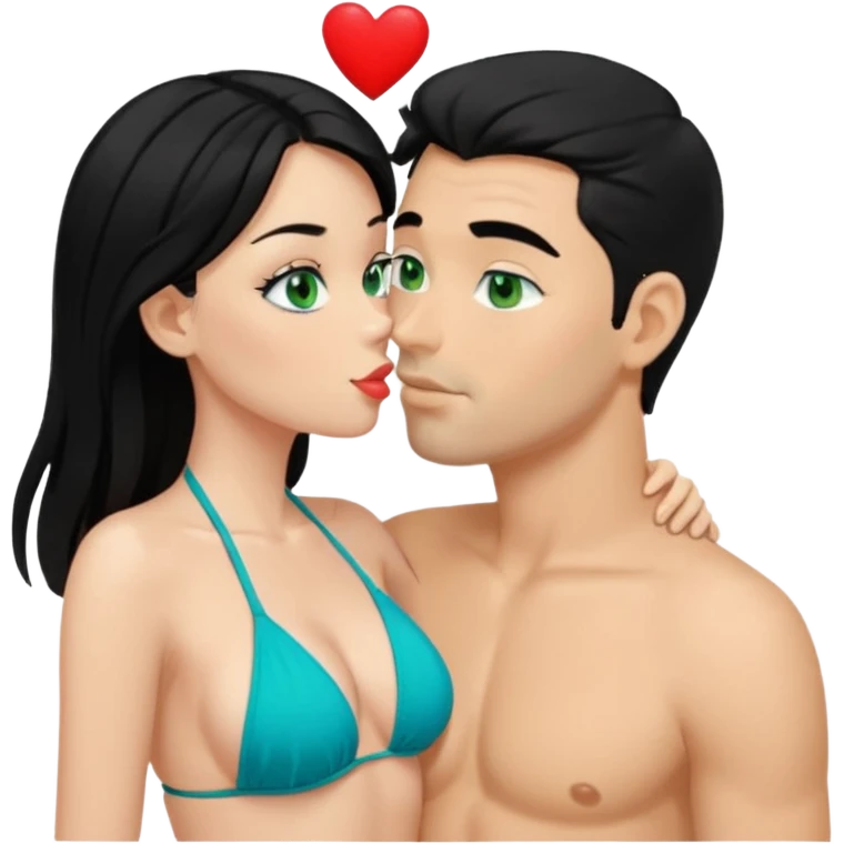 Blonde Queen with crown Green eyes blue Bikini whole body Kissing man black Hair Hearts emoji
