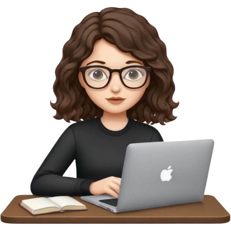 Girl wearing glasses, wavy brunette, studying with macbook emoji