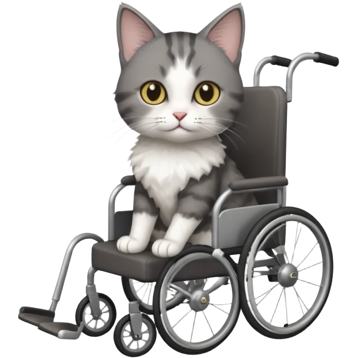 full body small short hair dark grey and white cat with hazel eyes walking in a wheelchair for cats emoji