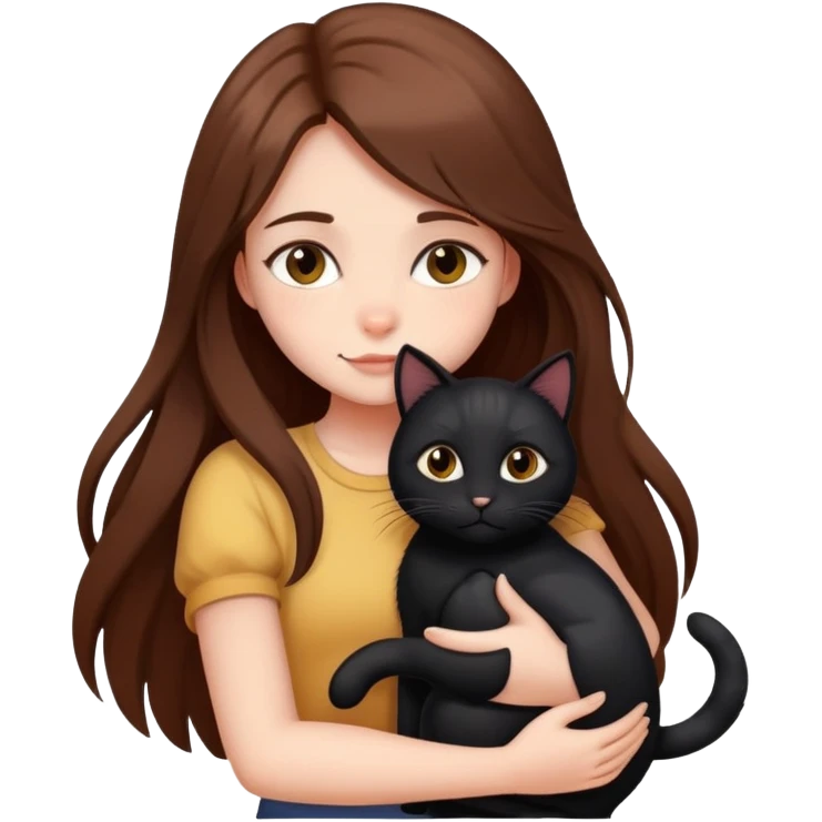 A girl with long brown hair hugs a black cat tightly emoji