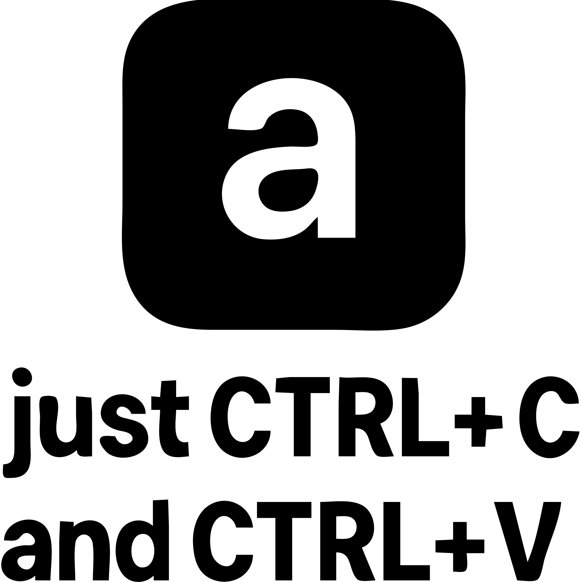 white lowercase 'a' on a blue background, with the text 'just CTRL + C and CTRL + V' in a fun, solid black icon style emoji