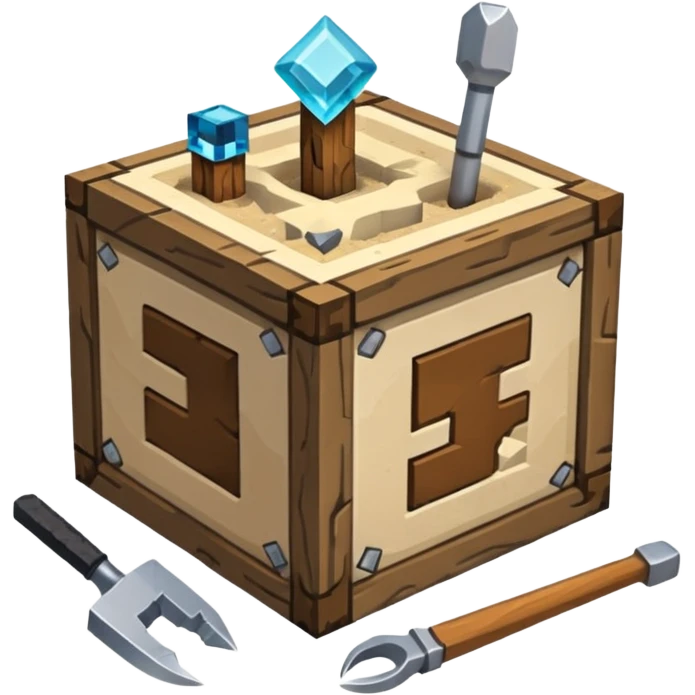 crafting table with tools, stone, wood, glass, sand, ... like a minecraft style cube crafting table emoji