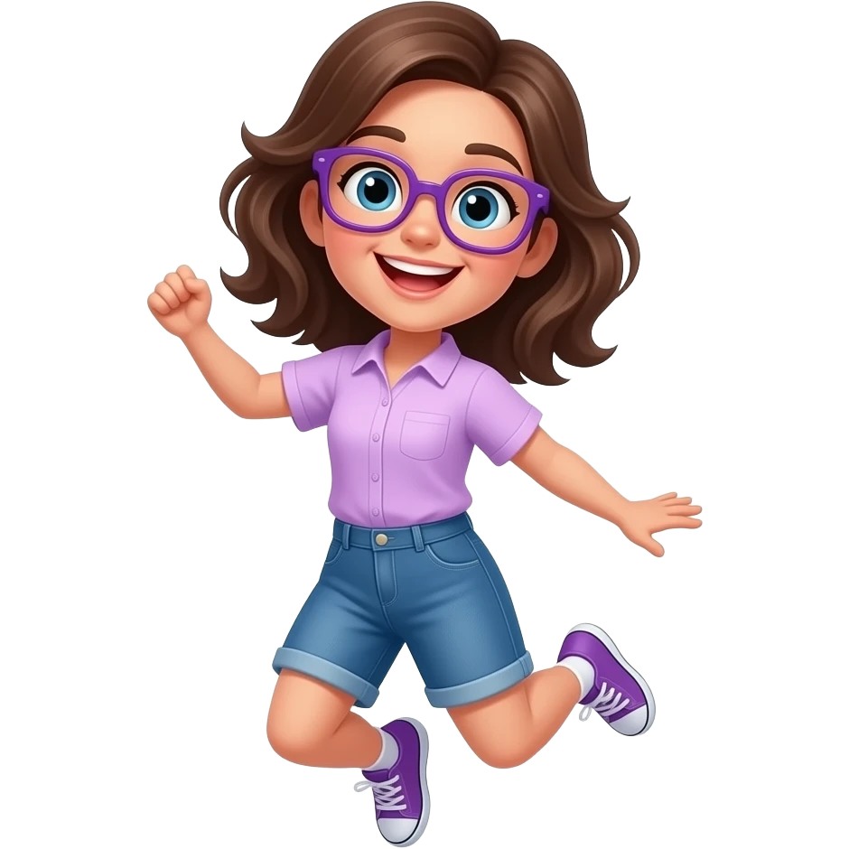 brown haired girl with purple glasses jumping for joy emoji