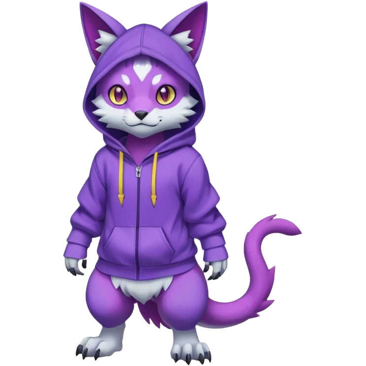 Colorful neon glowing abyssal garurumon-purloin-feline-Fakemon-Digimon-creature wearing a violet hoodie fursona (full body)  emoji