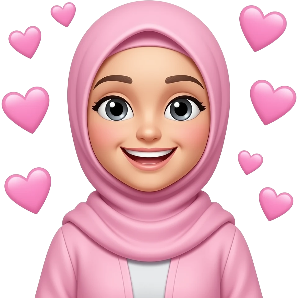 pale pink loving hijabi baddie, pretty, wide smile, don't change the outfit, with many heart emoji emoji