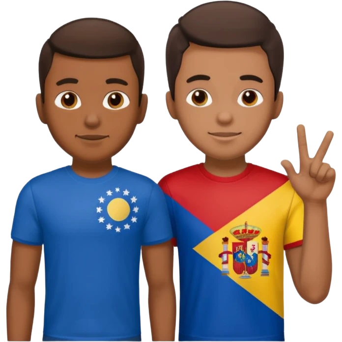 2 male Best buds , one in showing Philipines flag tshirt, one is showing Spain flag emoji