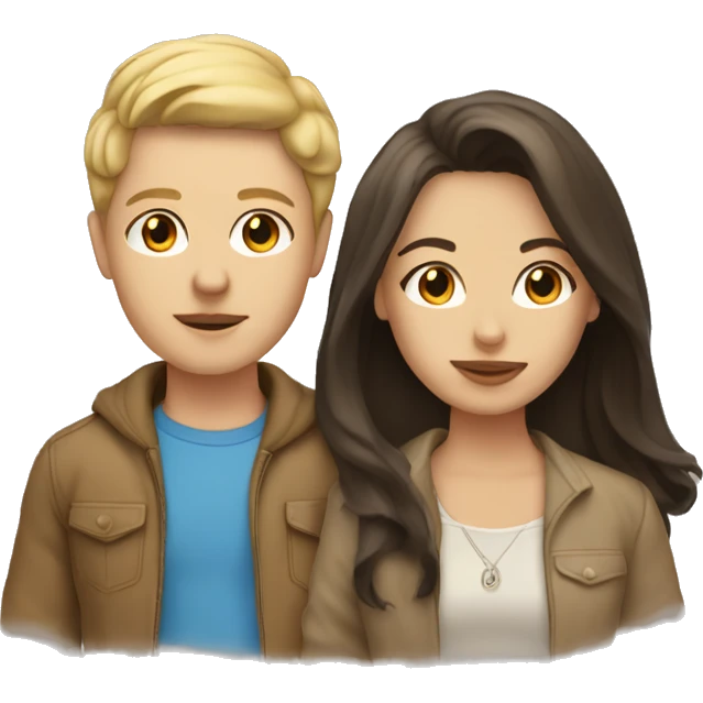 Blonde girl and brunette boy with beige pitbull emoji