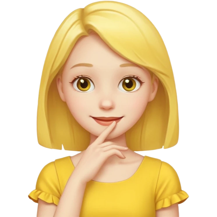 yellow smiling face girl with one hand flat under chin emoji