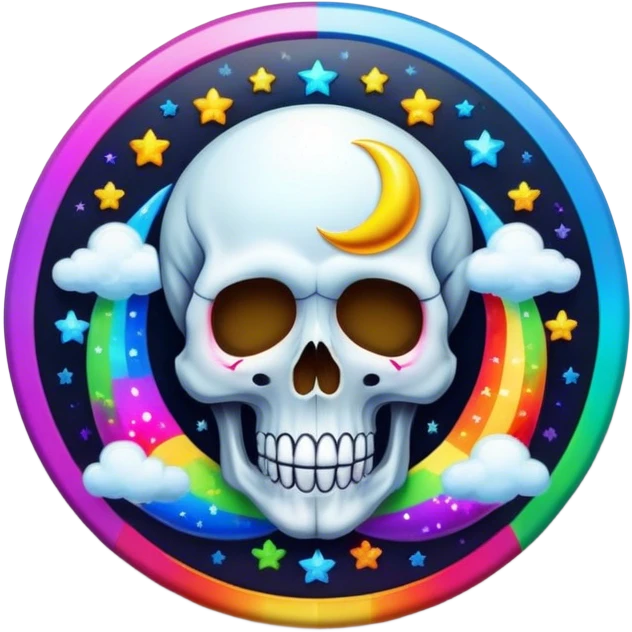 Beveled button with Neon rainbow colored damask style skull moon with stars and clouds in the center emoji
