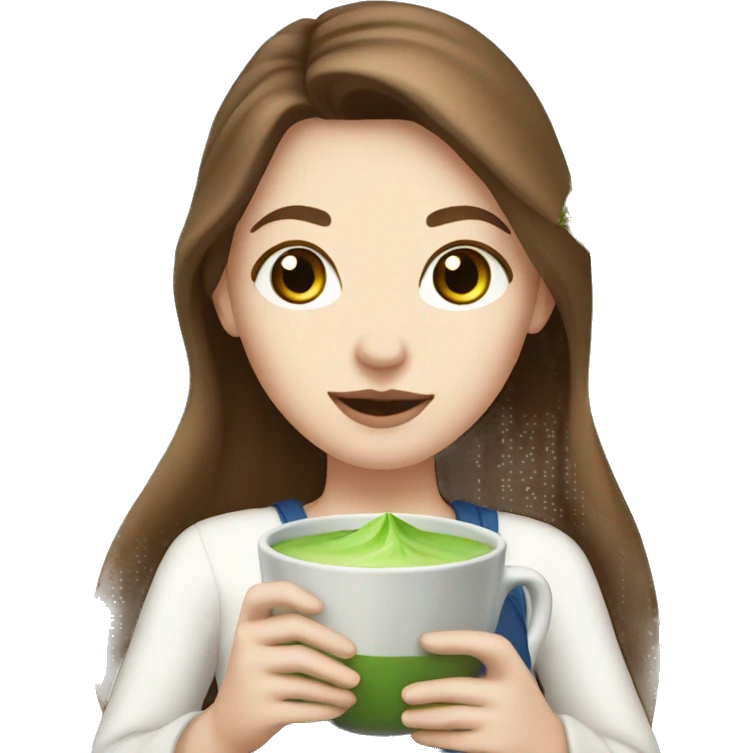 white girl with long brown hair and blue eyes holding a matcha  emoji