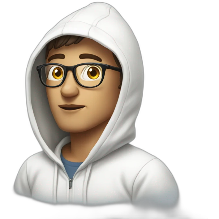 a man in a white hoodie with glasses and egg-shaped face emoji