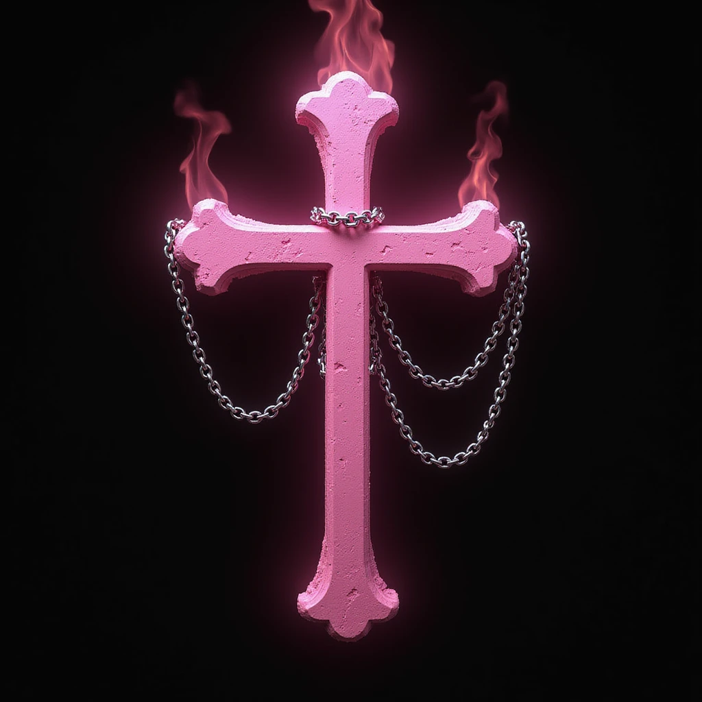 realistic gothic cross, pink with chains and dark flame, photorealistic style, no background emoji
