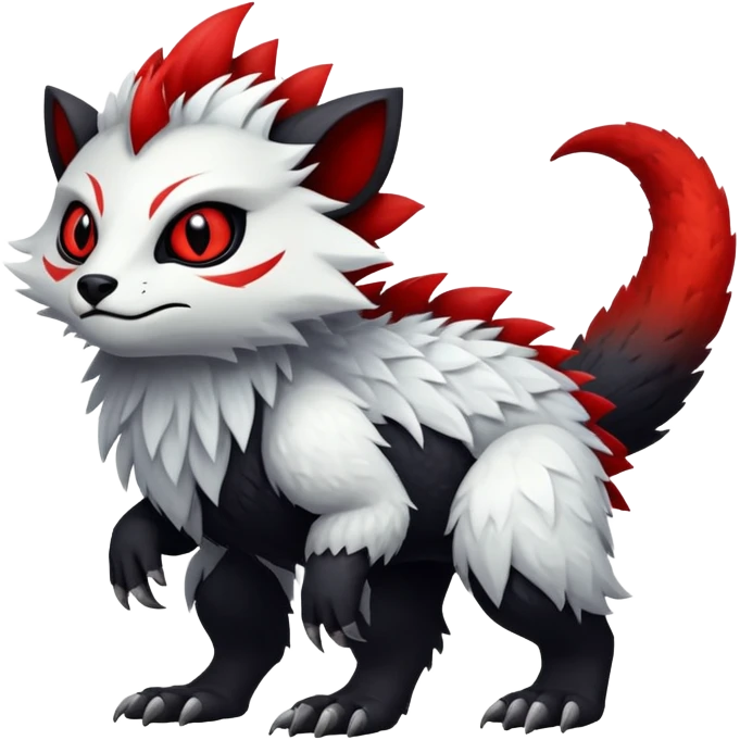a white exotic edgy vernid-fionbr-Fakémon-creature, with black belly and red eyes, full body emoji