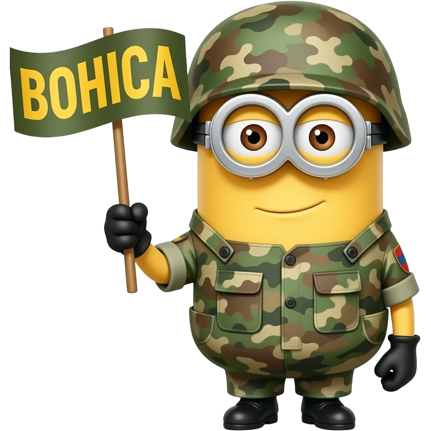 Minion in army fatigues holding Banner Text BOHICA emoji