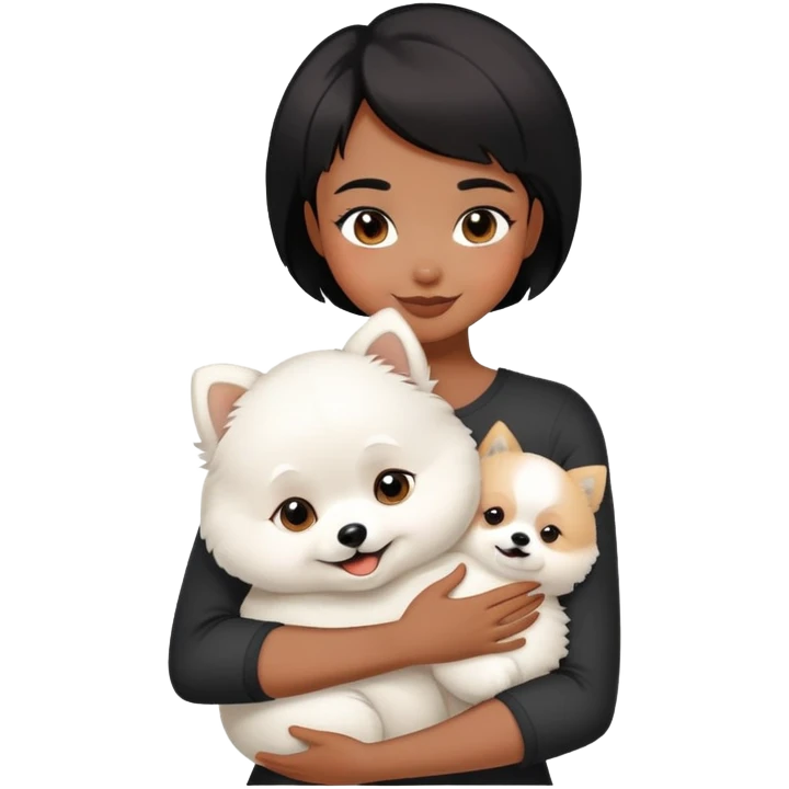 A black short-haired girl happily hugs a white Pomeranian emoji