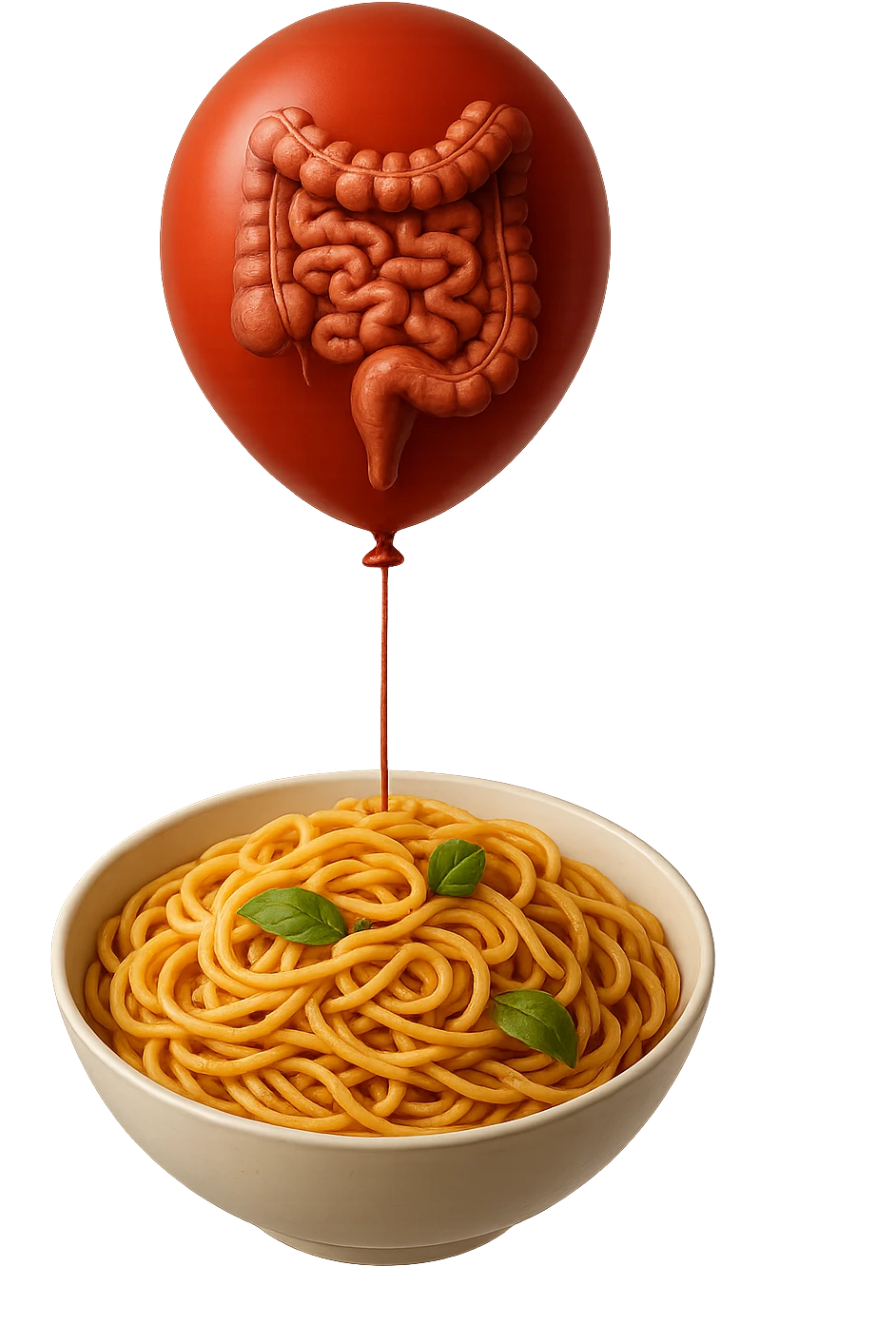 bowl di pasta fluttua in aria insieme ad un palloncino rosso con all'interno un intestino umano anatomico realistico, iperrealistico 4k emoji