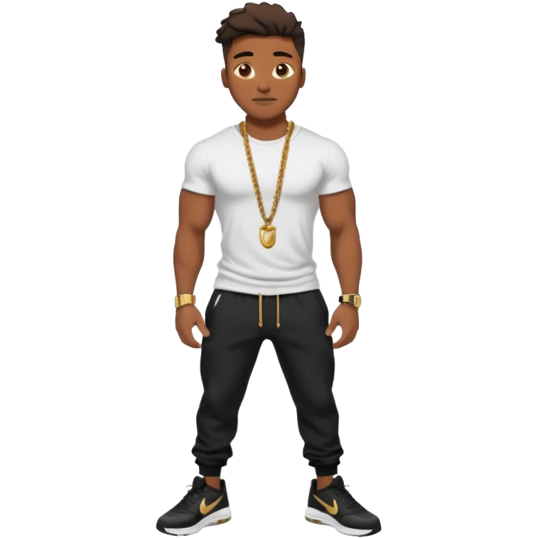 Handsome Black guy with brown skin tone, with muscular build, wearing black sweatpants, a white t-shirt, black Nike air max, a gold rope chain, and a gold watch  emoji