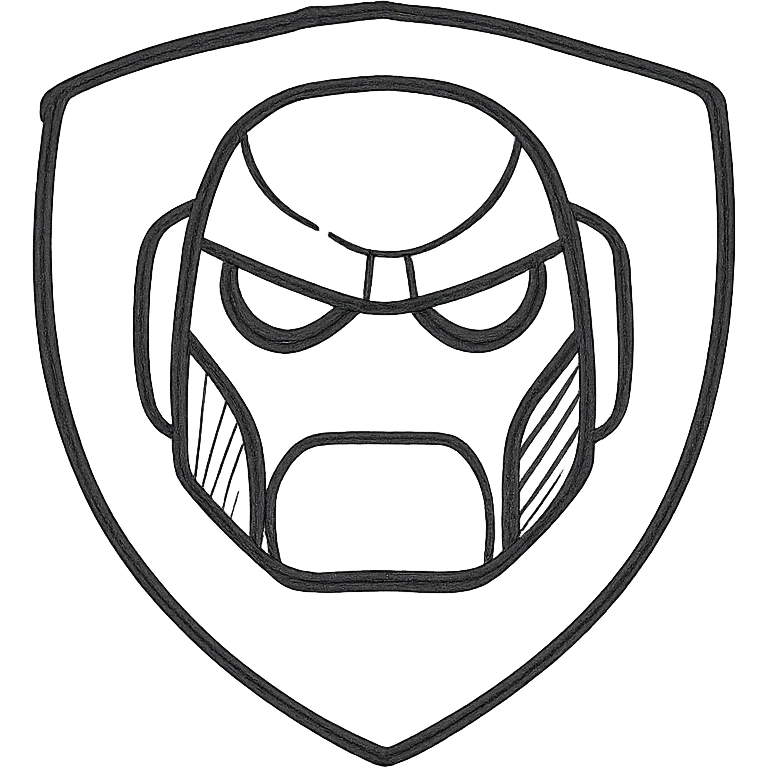 Create a badge symbol featuring the robot's face from the reference image, preserving enough detail for recognizability. Place the face within a badge or shield shape. Use a transparent background. The style is hand drawn icon with no fill, suitable for clear and simple badge design. emoji