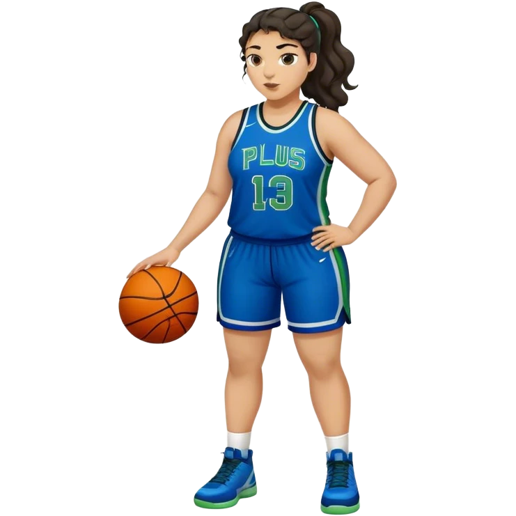 full body plus size light skin  latino women basketball player with wavy dark hair in pony tail wide nose wearing blue uniform with green accent emoji