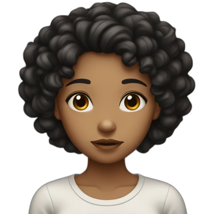 A girl with black curly hair, sad emoji