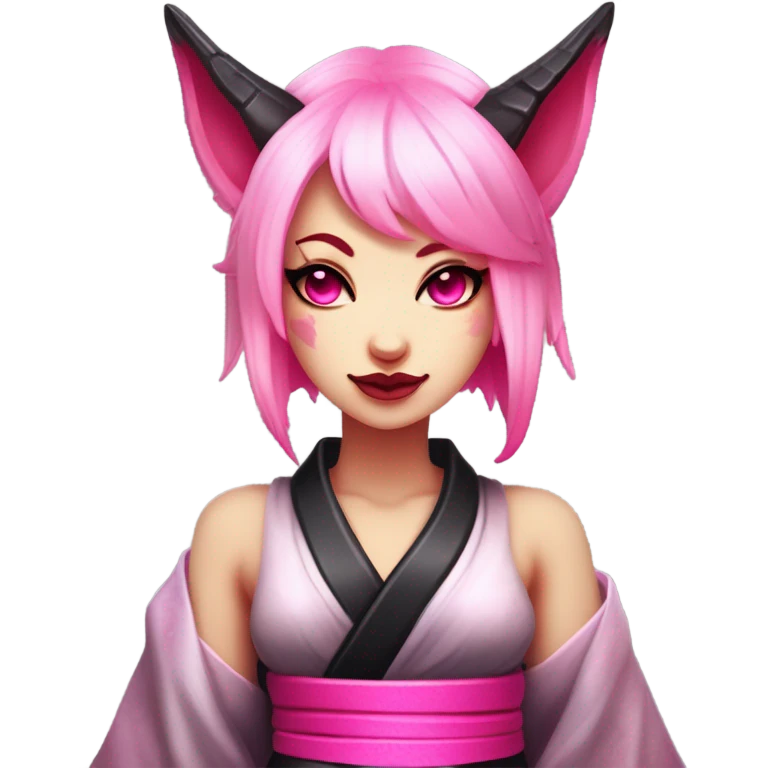 Full body female, succubus kitsune, neon pink eyes, vibrant pink hair, alabaster skin, fluffy black tails, pink tail tips, spiked choker, unique heritage, seductive charm, rebellious spirit, traditional kimonos, spiked anklets, and Barefoot 
 emoji