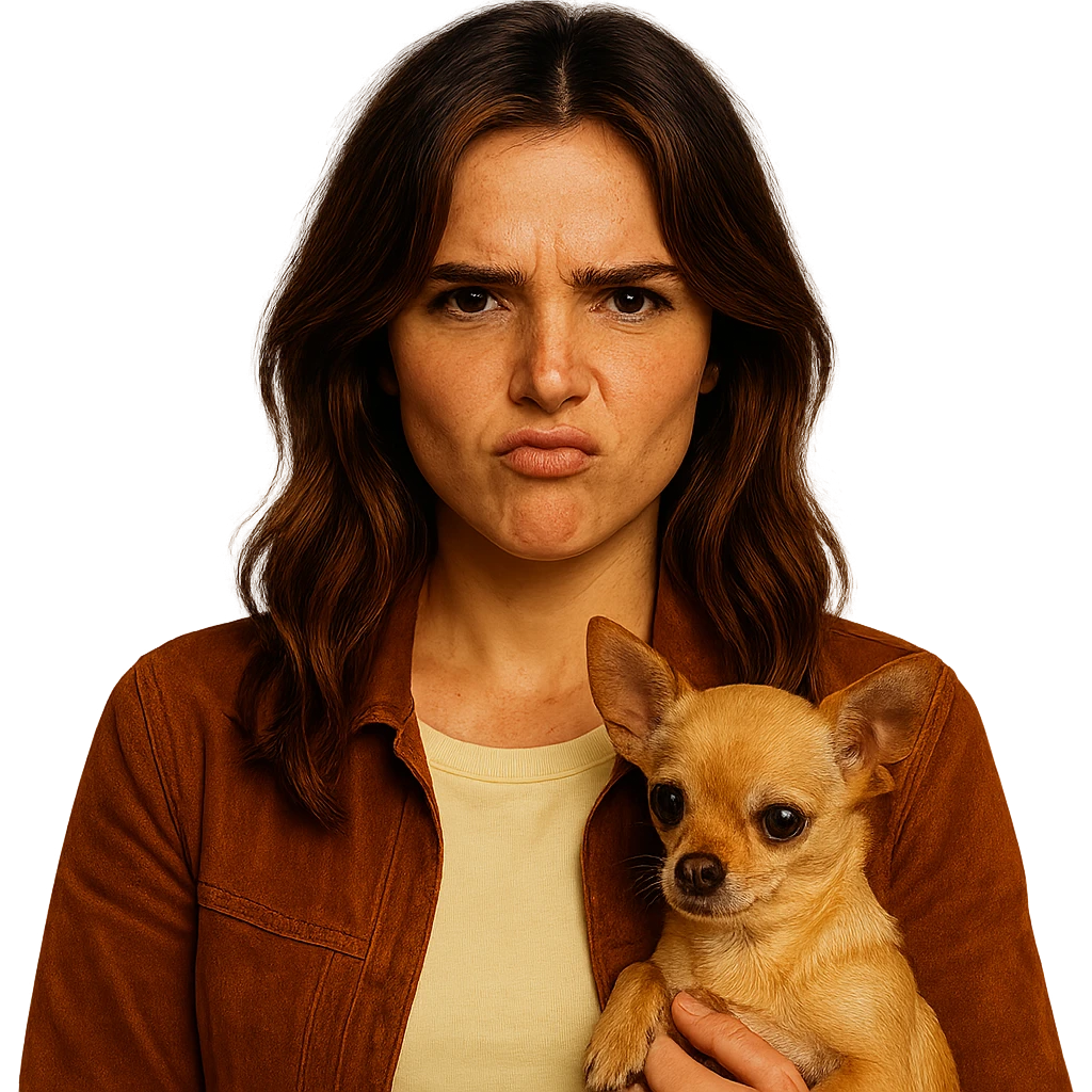 Create a centered portrait for an Instagram profile inspired by the facial features visible in the reference images of Zoe Deutch. The subject has a tanned complexion with subtle freckles, wearing a shirt in color #FFF8CA and a rust-colored jacket. Hair is medium-length brown with auburn highlights. The expression is rebellious and playful. The subject is holding an expressive and cute beige-brown chihuahua. The style is inspired by a Netflix series with an intimate and expressive atmosphere reminiscent of Tenerife. The background should be transparent. emoji