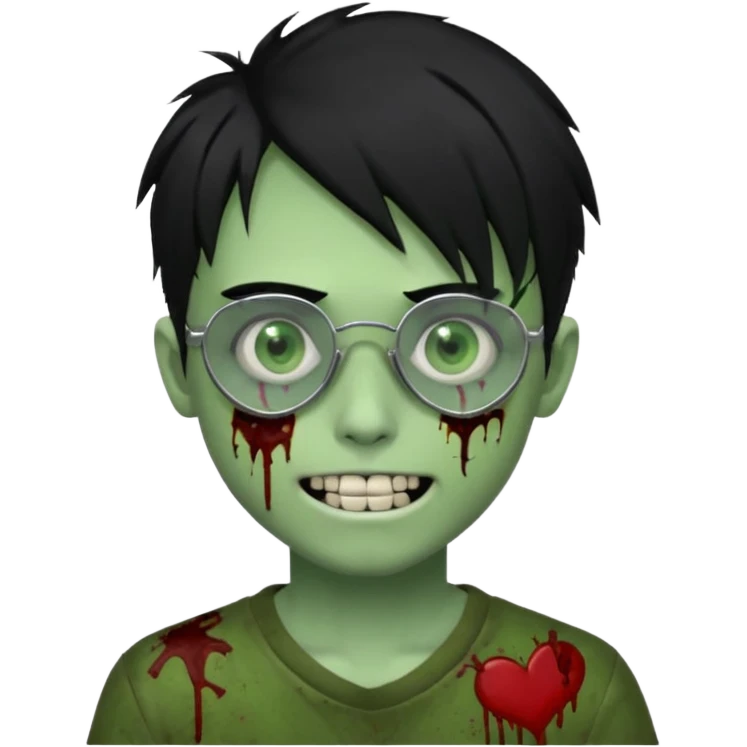 Zombie emo boy, green skin and black hair, chrome heart glasses and a scary smile, scars and blood under eyes emoji