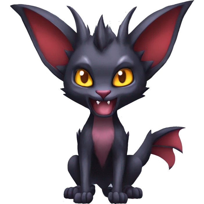 Black cool kawaii edgy vampiric demonic Noivern-Litten-Lykoi-Caracal-Fakemon with big bat ears full-body emoji